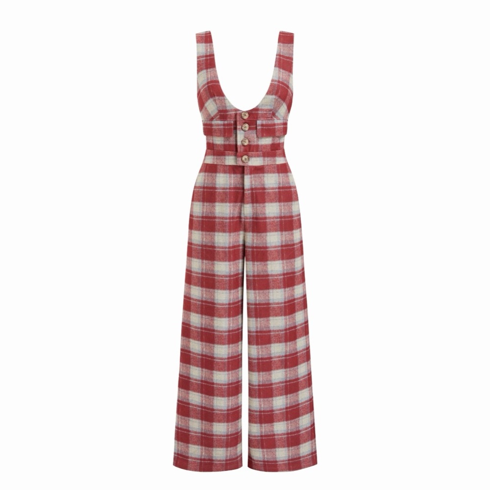 Wool-Look Red Plaid Jumpsuit